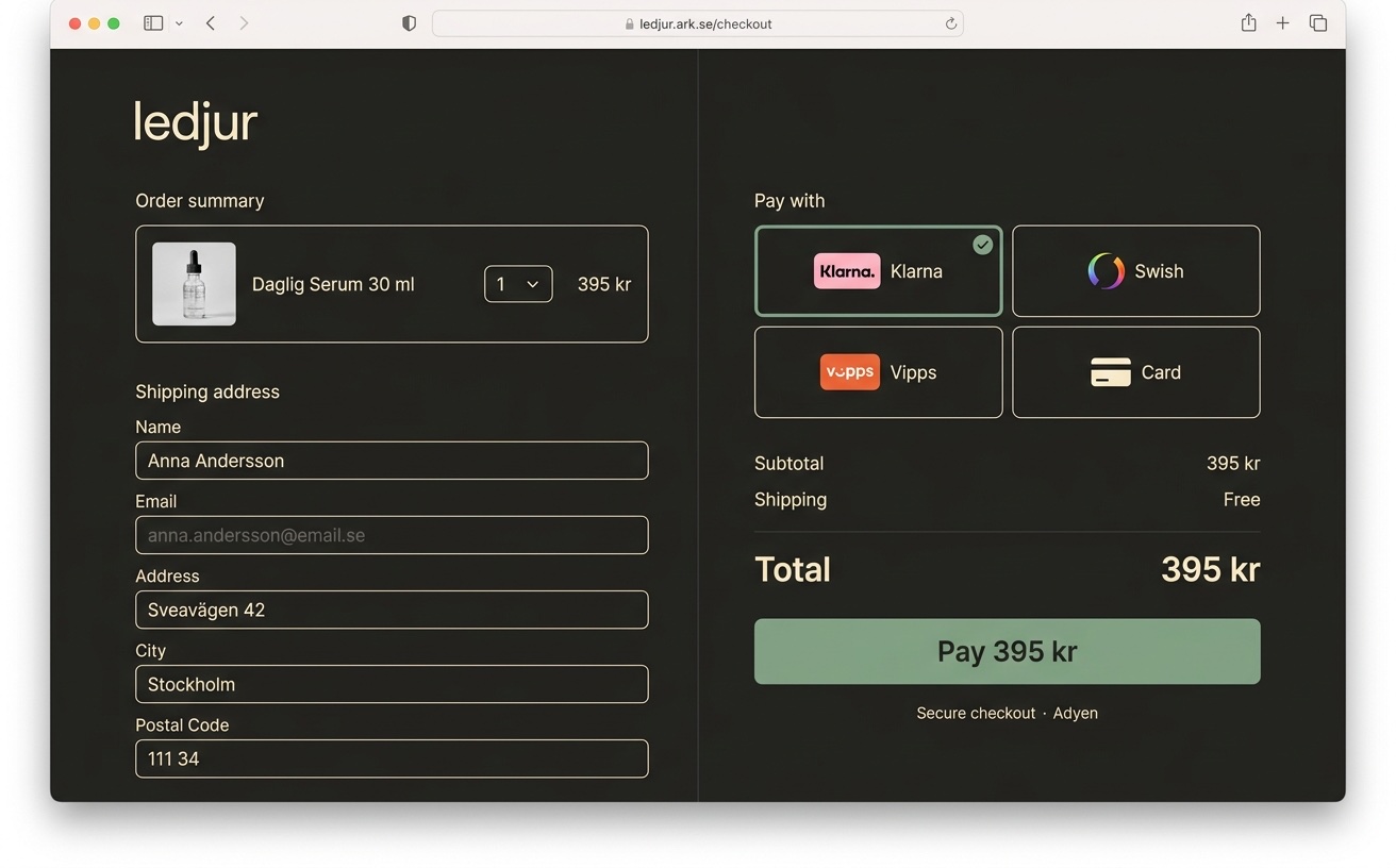 Dark Ledjur checkout page with payment method grid and Pay 395 kr button